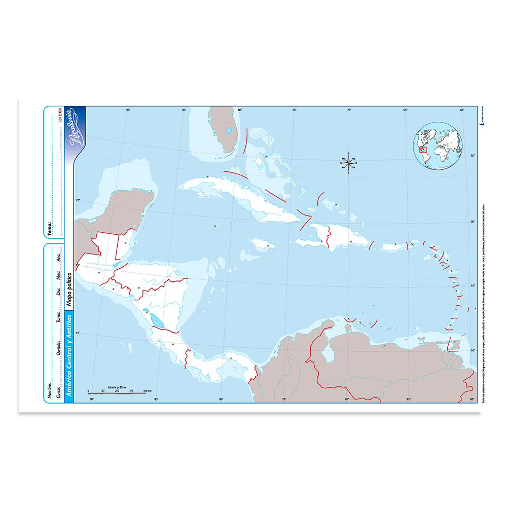 Mapa America Central y Antillas político Rivadavia N°5, block de 20 mapas