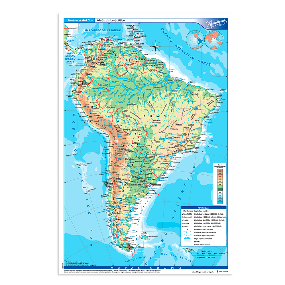 Mapa América del Sur físico político Rivadavia N°6, block de 25 mapas
