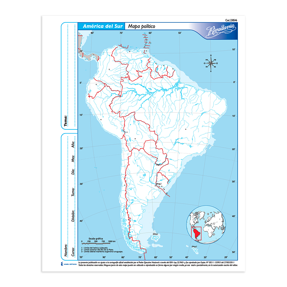 Mapa América del Sur político Rivadavia N°3, block de 40 mapas