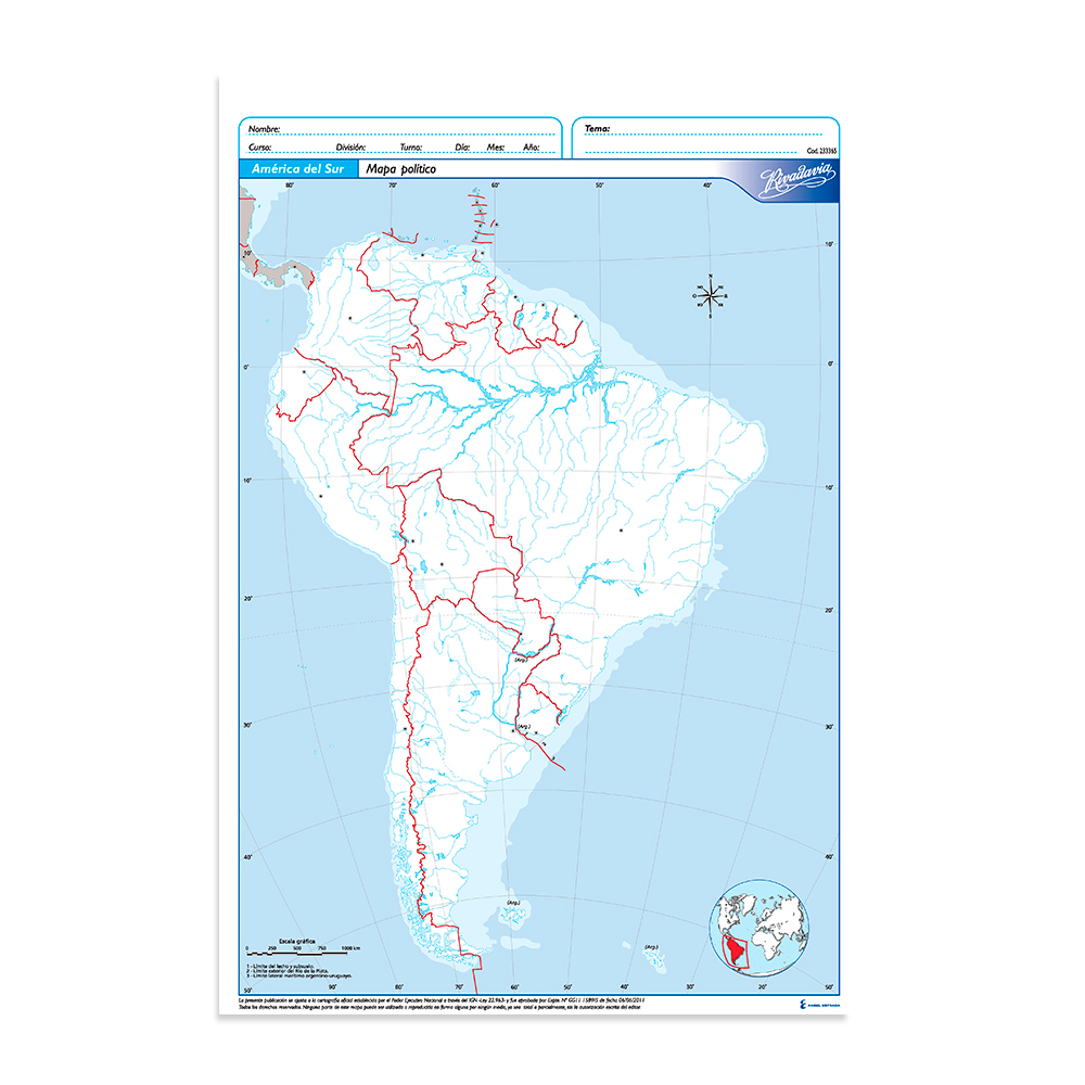 Mapa América del Sur político Rivadavia N°5, block de 20 mapas