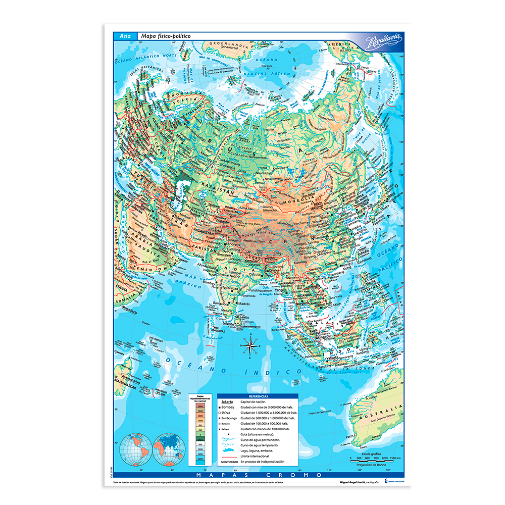 Mapa Asia físico político Rivadavia N°6, block de 25 mapas