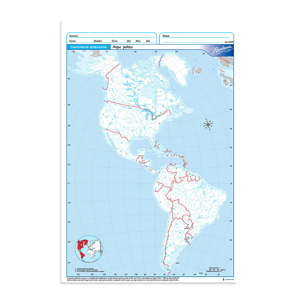 Mapa Continente Americano político Rivadavia N°5, block de 20 mapas