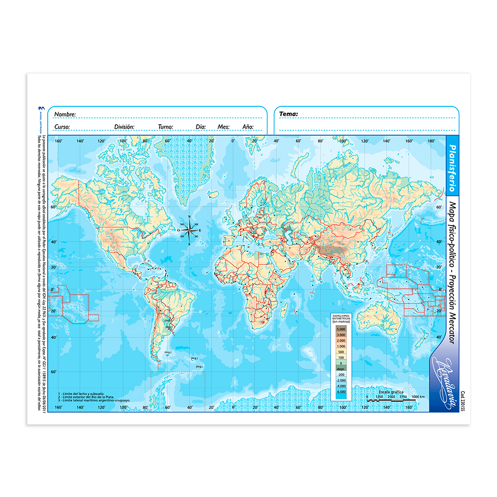 Mapa Planisferio físico político Rivadavia N°3, block de 40 mapas