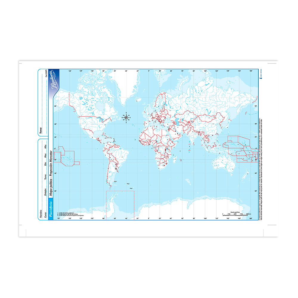 Mapa Planisferio político Rivadavia N°5, block de 20 mapas