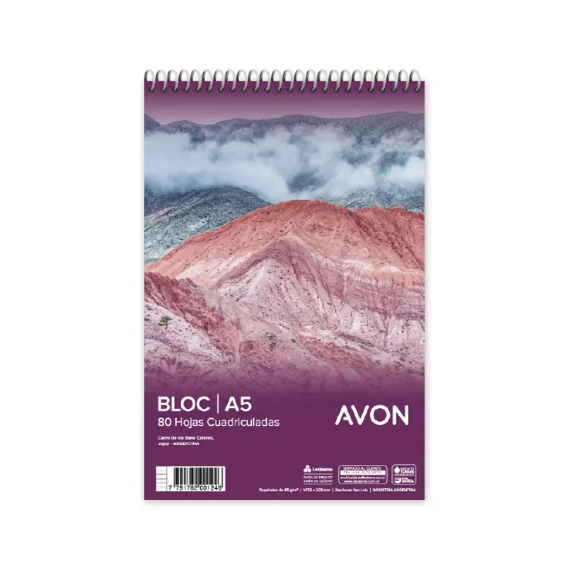 Block A5 espiralado Avon, 80 hojas cuadriculadas