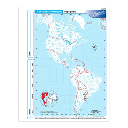 [RIVMAPCTEP3] Mapa Continente Americano político Rivadavia N°3, block de 40 mapas