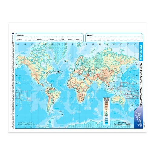 [RIVMAPPLAFP3] Mapa Planisferio físico político Rivadavia N°3, block de 40 mapas