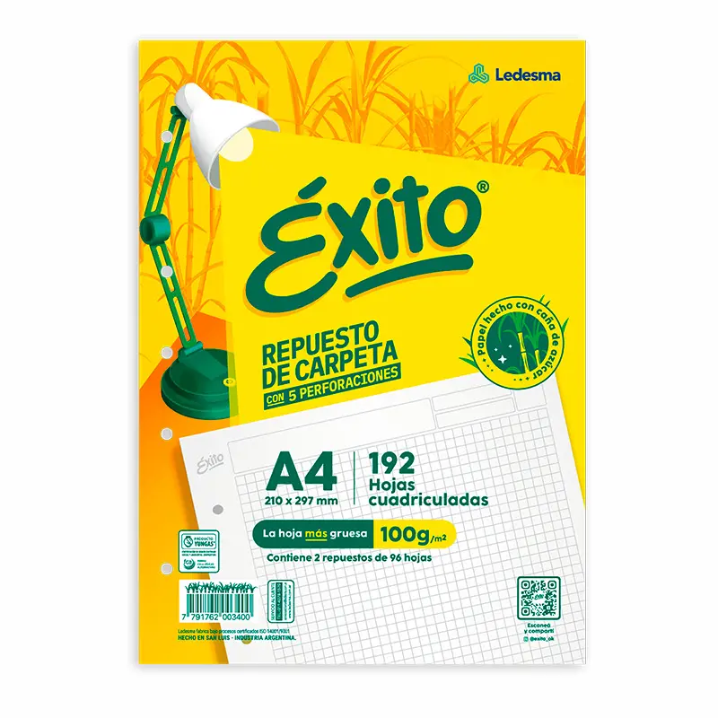 Repuesto Éxito Tradicional A4, 192 hojas cuadriculadas
