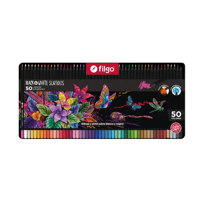 Lápices de colores Filgo Supersoft Black & White, estuche Metal de 50 colores