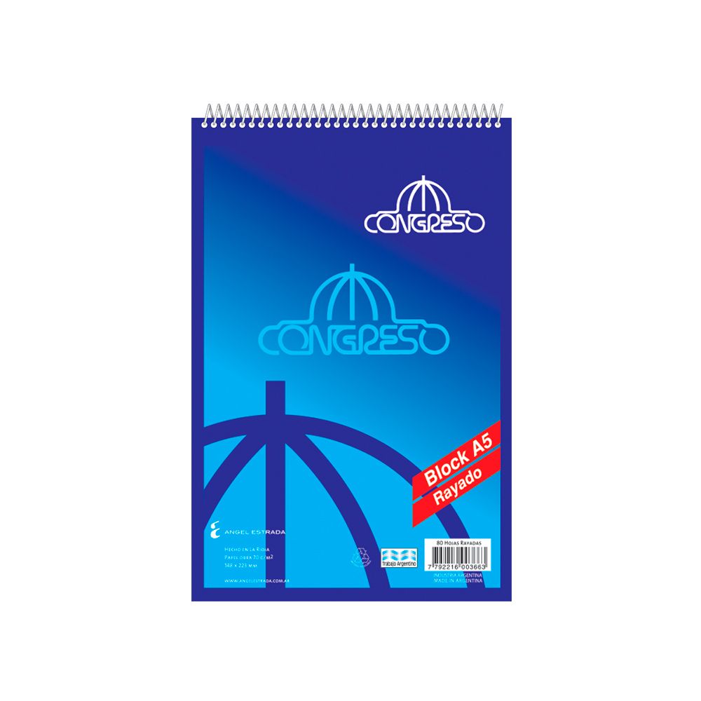 Block Congreso, espiralado A5, 80 hojas rayadas