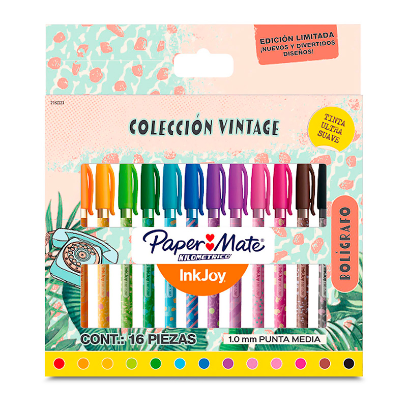 Bolígrafo Paper Mate Kilométrico InkJoy 100 Colección Vintage, caja de 16 colores