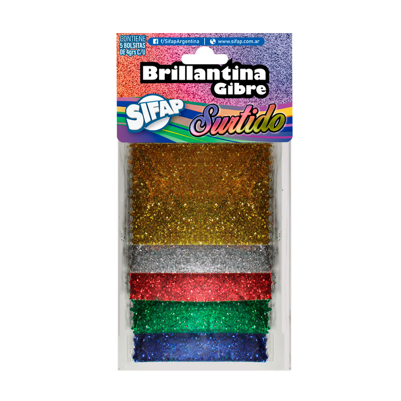 Brillantina Sifap colores surtidos, blister de 5 sobres de 4g.