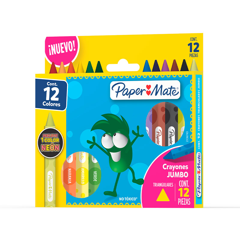 Crayones de cera gruesos Paper Mate Jumbo, triangulares de 12 colores