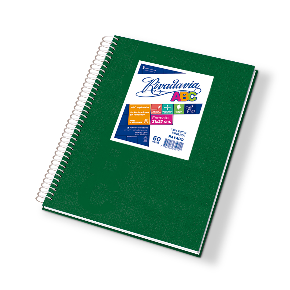 Cuaderno Rivadavia ABC espiralado Araña verde, 21x27cm. 60 hojas cuadriculadas