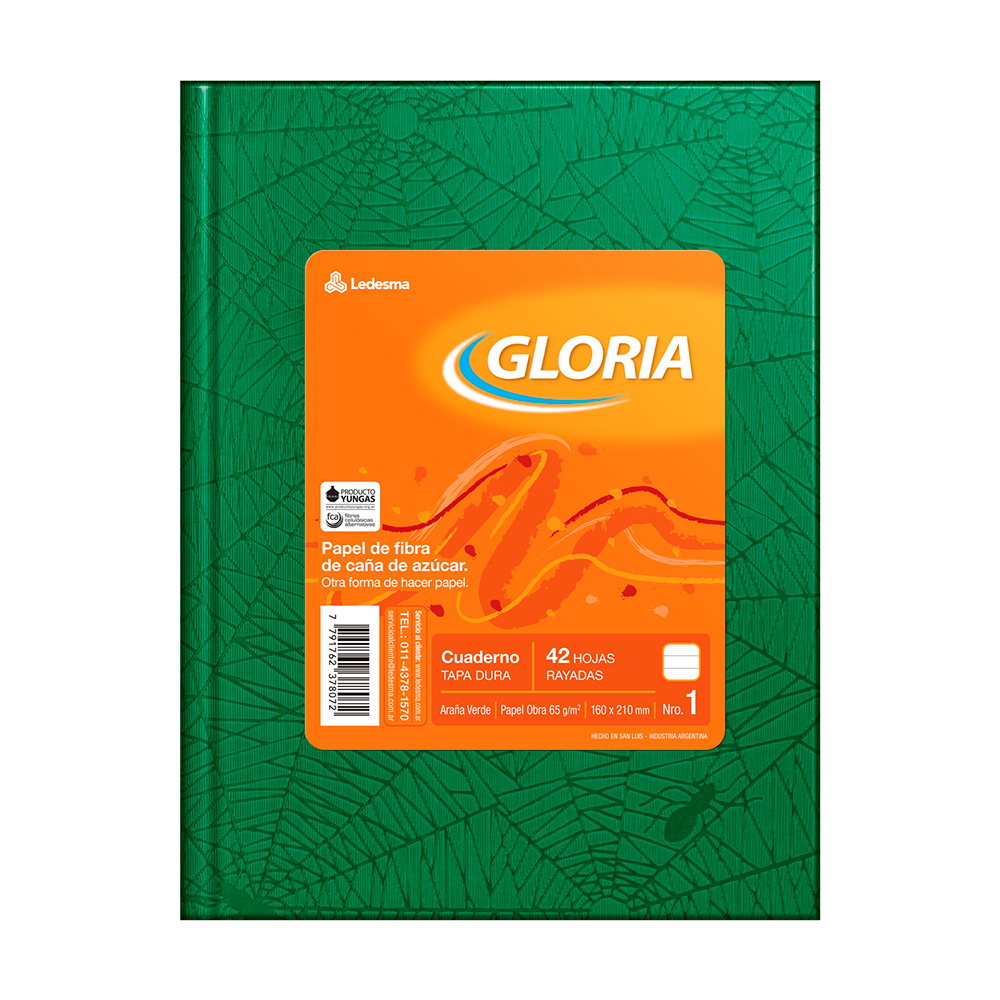 Cuaderno Gloria Araña verde, 16x21cm. 42 hojas rayadas