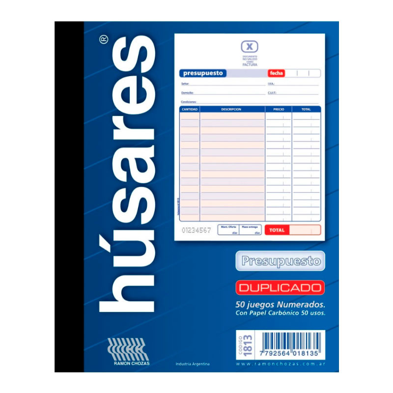 Talonario Presupuesto duplicado 1813 Húsares, 15x18 cm. 50 hojas