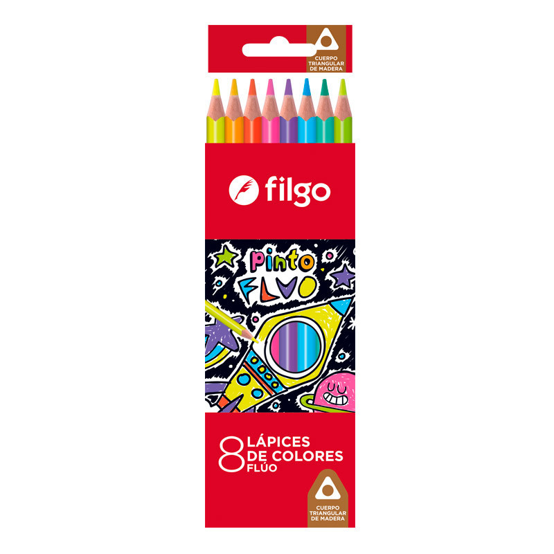 Lápices de colores Filgo Fluo largos, caja de 8 colores
