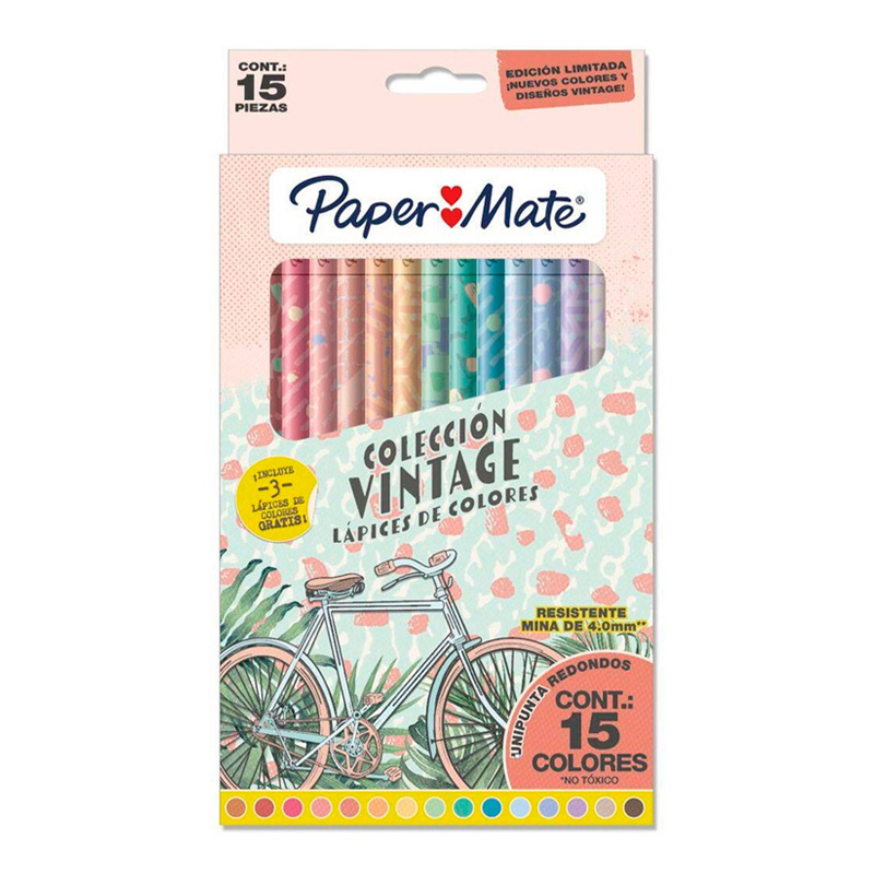 Lápices de colores Paper Mate Vintage largos, 15 colores