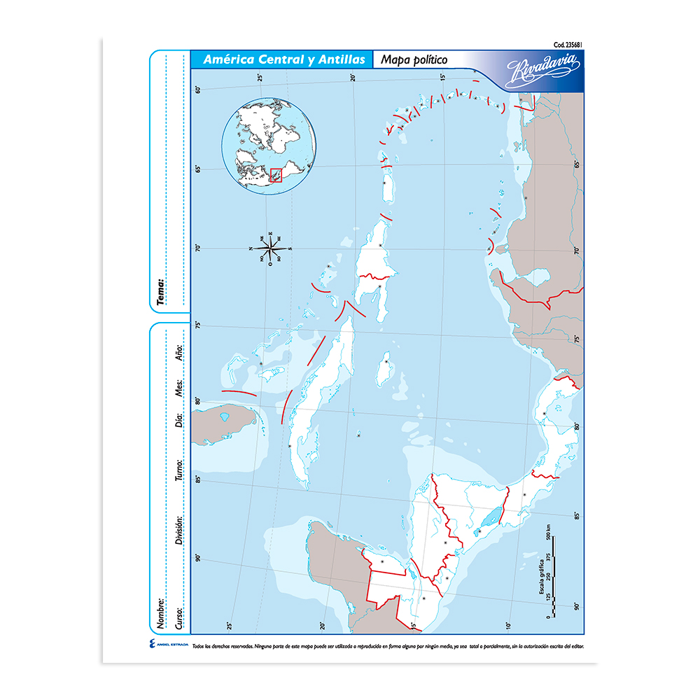 Mapa America Central y Antillas político Rivadavia N°3, block de 40 mapas