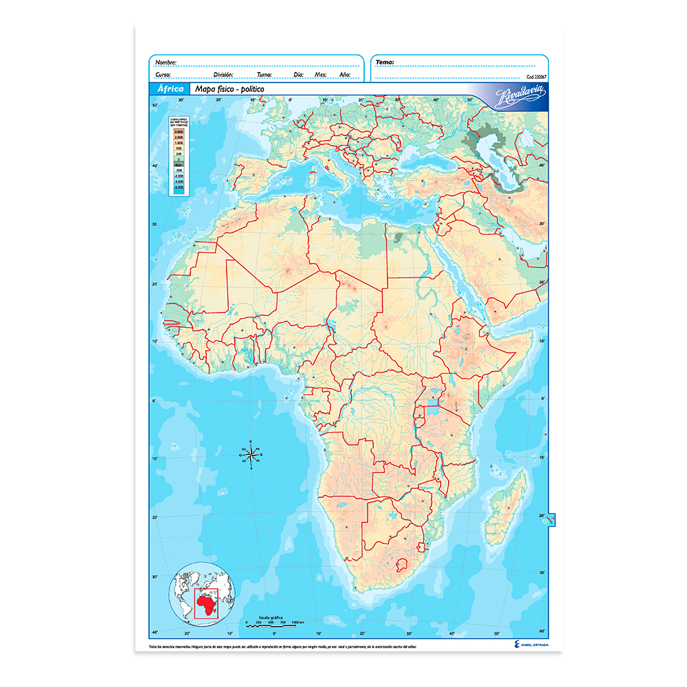 Mapa Africa físico político Rivadavia N°5, block de 20 mapas