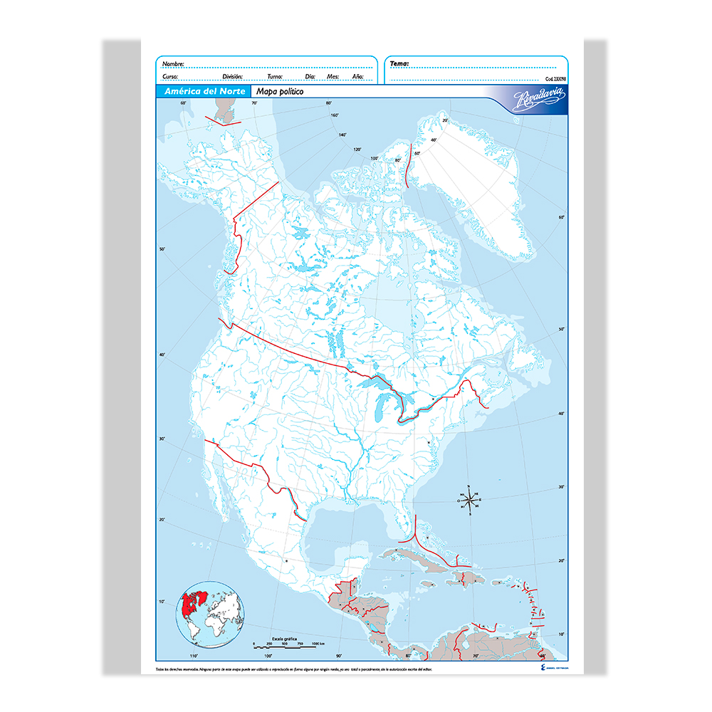Mapa América del Norte político Rivadavia N°5, block de 20 mapas