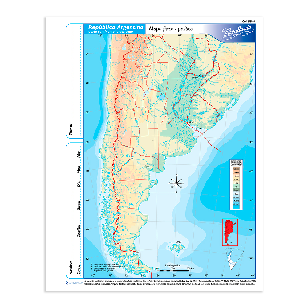 Mapa Argentina físico político Rivadavia N°3, block de 40 mapas