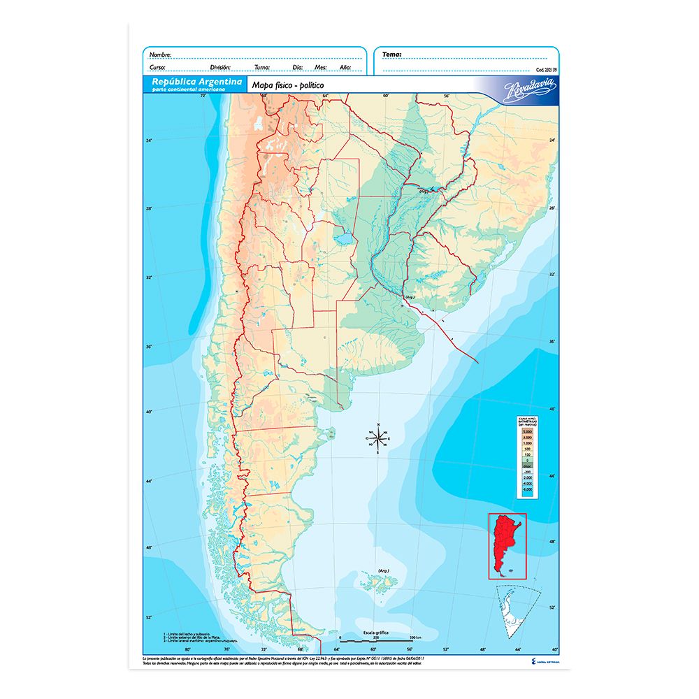 Mapa Argentina físico político Rivadavia N°5, block de 20 mapas