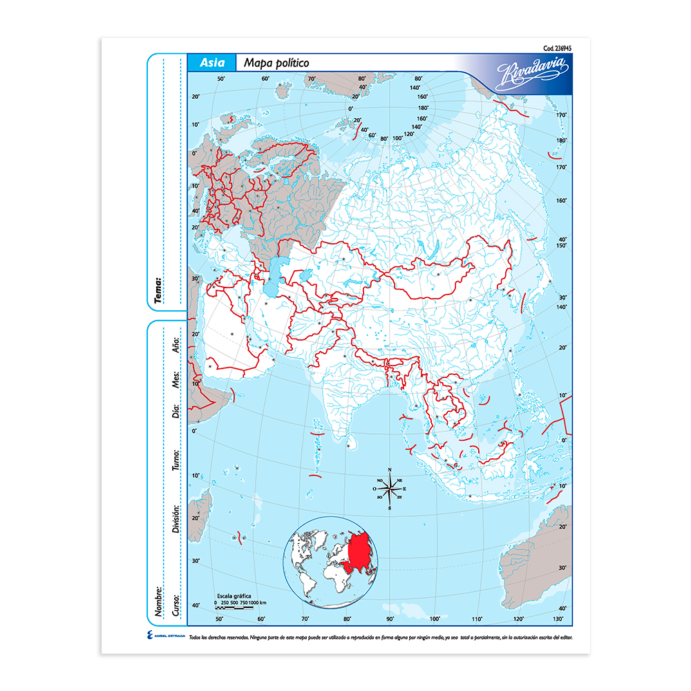 Mapa Asia político Rivadavia N°3, block de 40 mapas