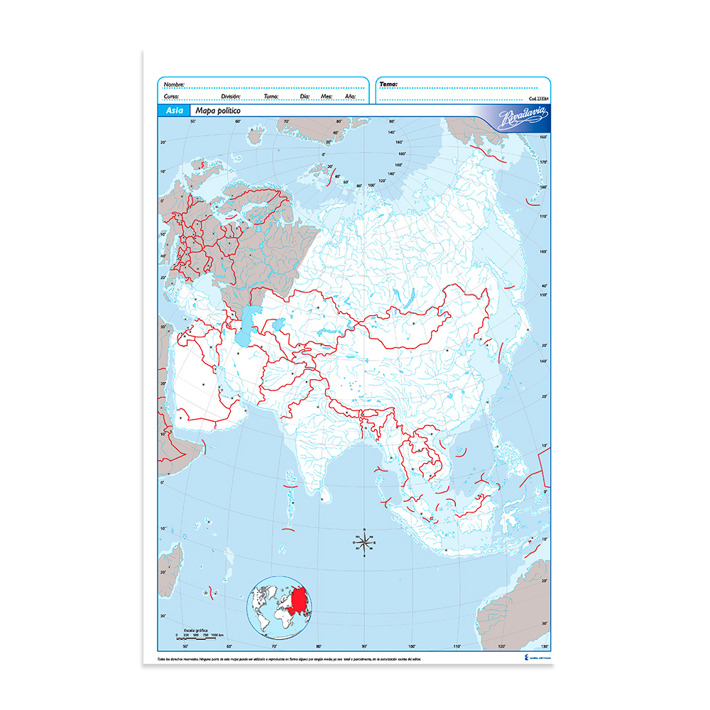 Mapa Asia político Rivadavia N°5, block de 20 mapas