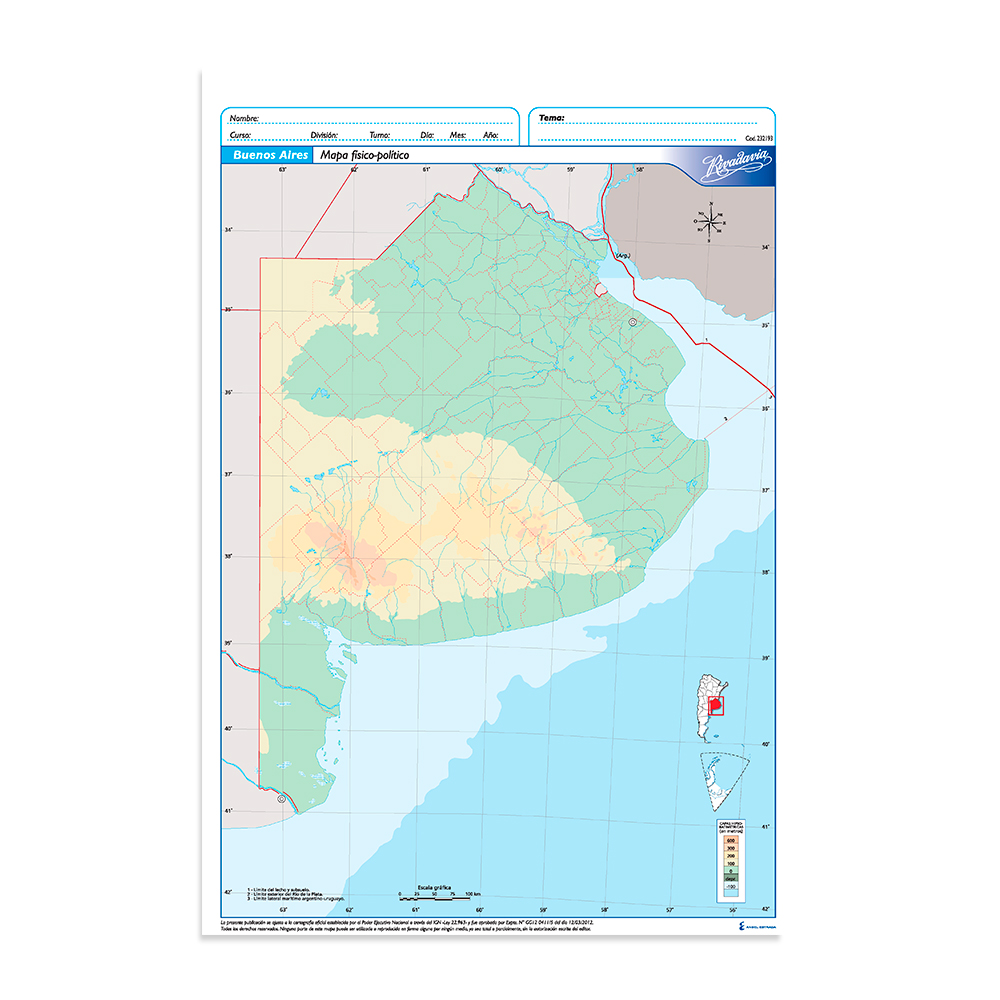 Mapa Buenos Aires físico político Rivadavia N°5, block de 20 mapas