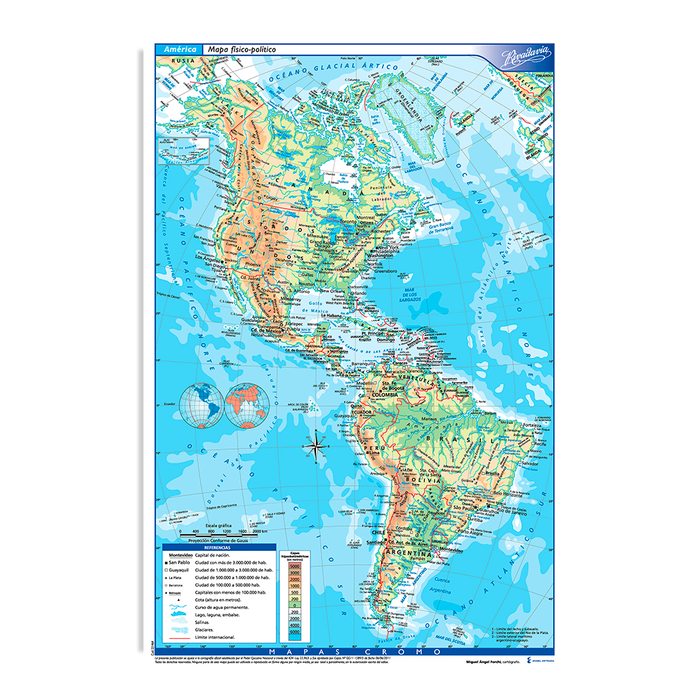 Mapa Continente Americano físico político Rivadavia N°6, block de 25 mapas