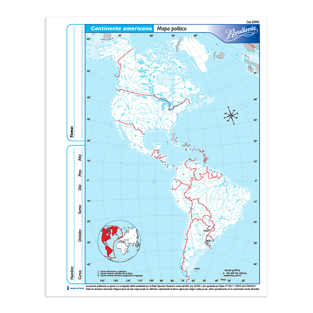 Mapa Continente Americano político Rivadavia N°3, block de 40 mapas