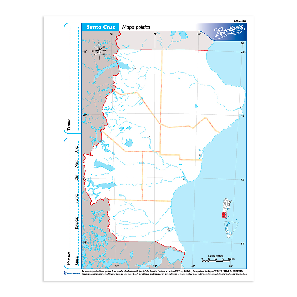 Mapa Santa Cruz político Rivadavia N°3, block de 40 mapas