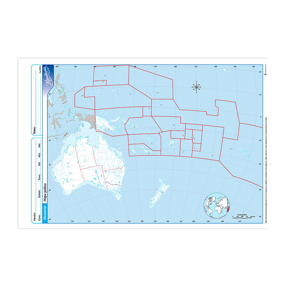 Mapa Oceanía político Rivadavia N°5, block de 20 mapas