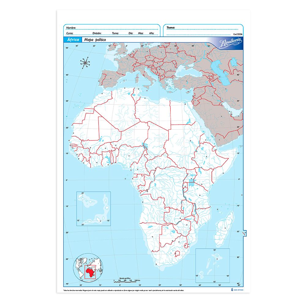 Mapa África político Rivadavia N°5, block de 20 mapas