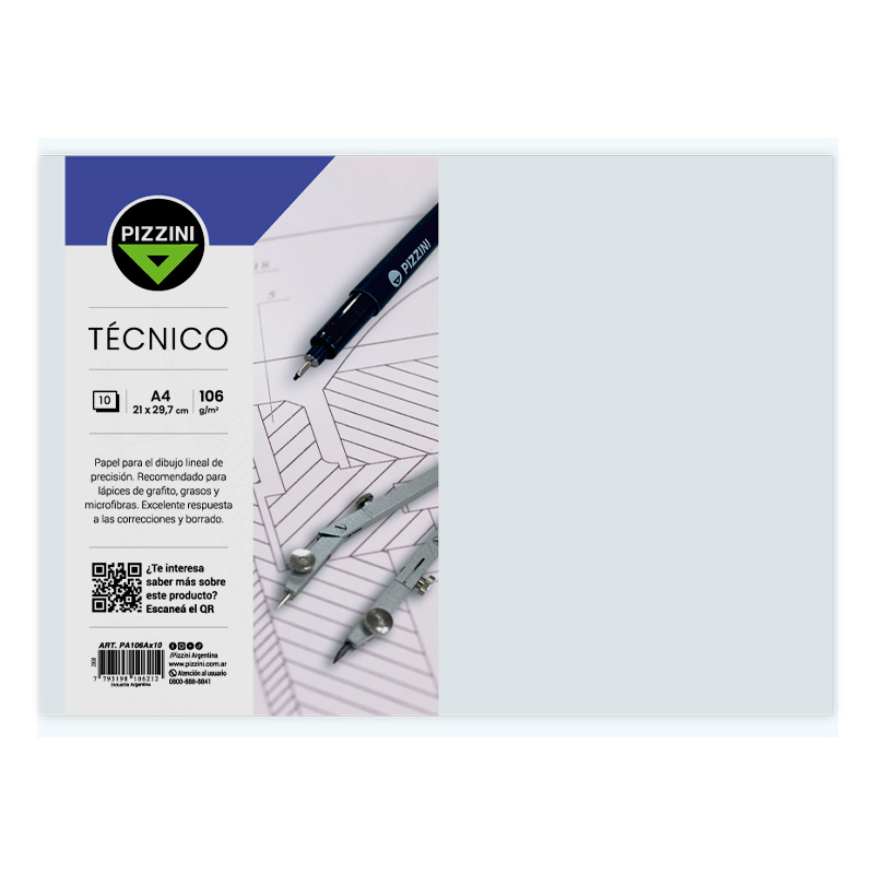 Hojas para dibujo técnico Pizzini A4, 106g. 29.7 x 21cm. pack de 10 unidades