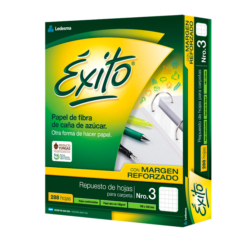 Repuesto con Margen Reforzado Éxito Ecológico N°3, 288 hojas cuadriculadas