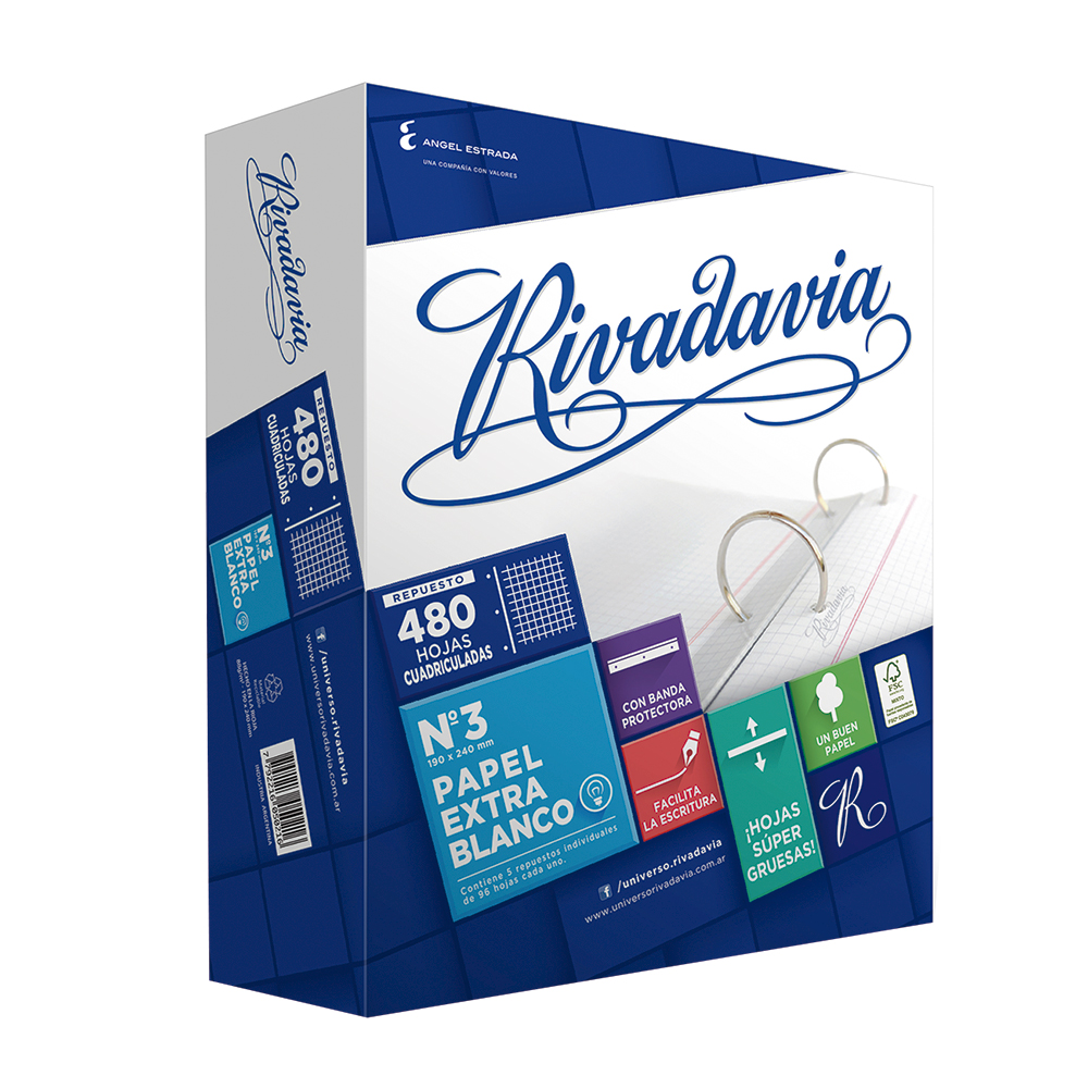 Repuesto Rivadavia Extra Blanco, 480 hojas cuadriculadas