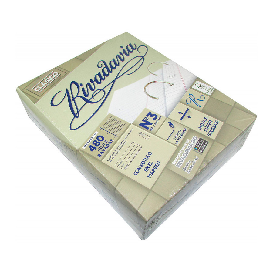 Repuesto Rivadavia Clásico Extra Blanco, 480 hojas rayadas