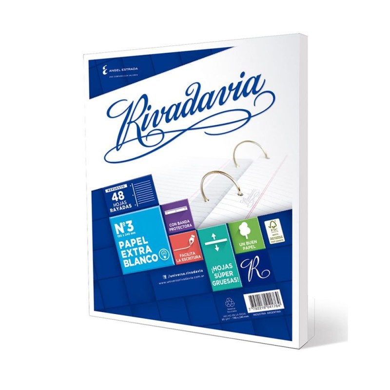 Repuesto Rivadavia Extra Blanco, 48 hojas rayadas
