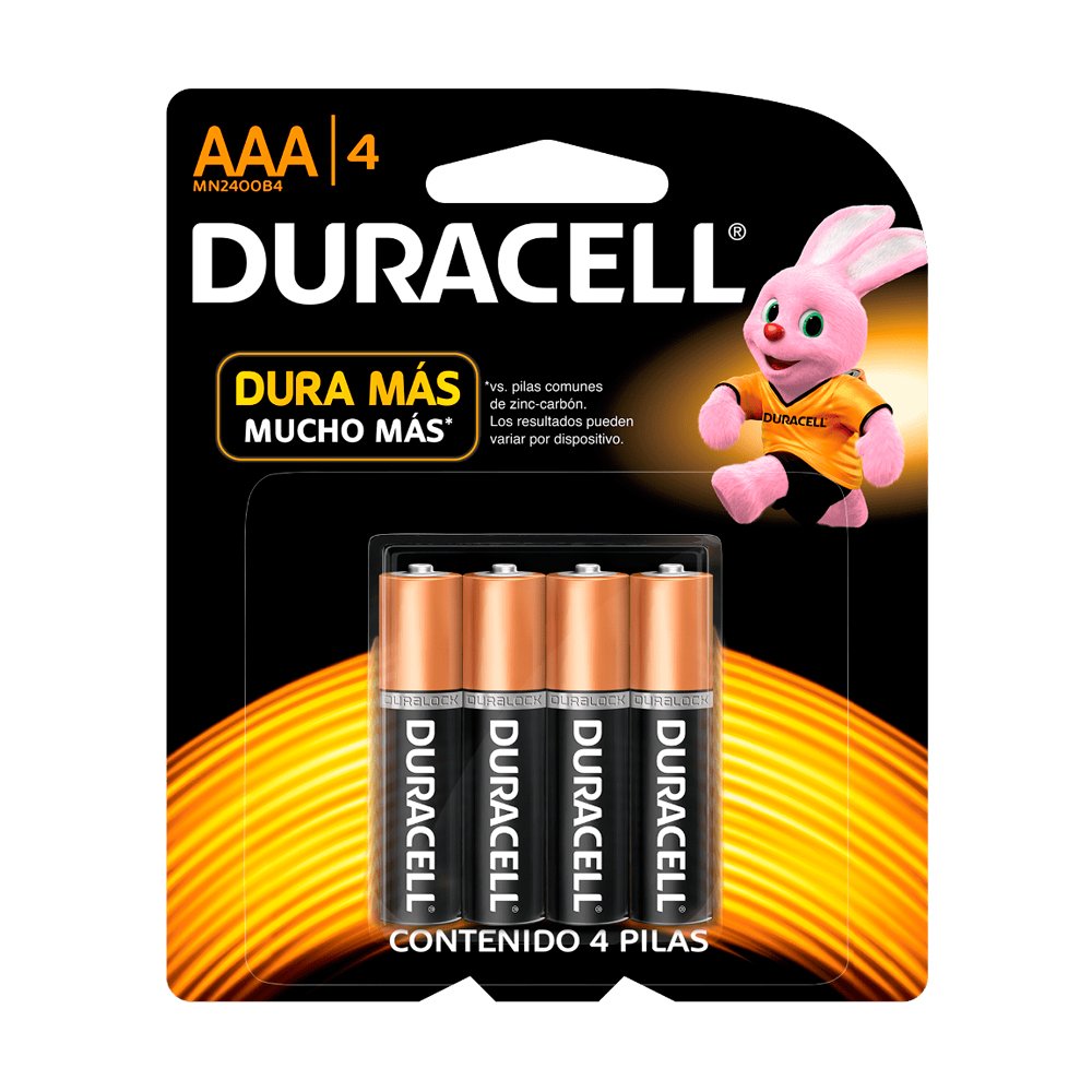 Pilas AAA (chica) Duracell, blister de 4 unidades