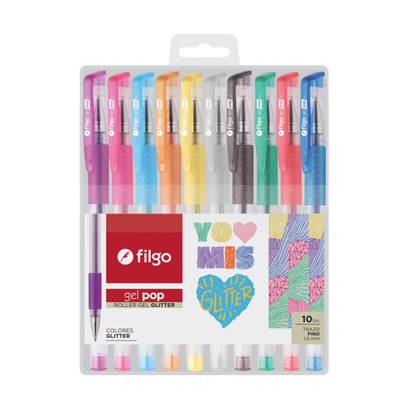Roller Filgo Gel Pop Glitter, estuche de 10 colores