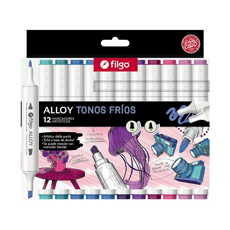 Marcador Doble Punta Filgo Alloy Colores Frios, 12 colores