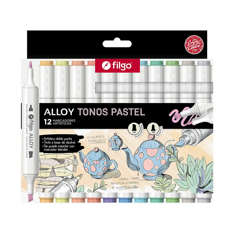 Marcador Doble Punta Filgo Alloy Colores Pastel, 12 colores