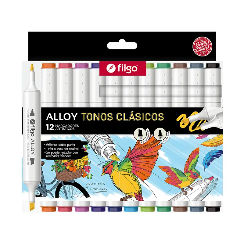 Marcador Doble Punta Filgo Alloy Colores Clásicos, 12 colores 