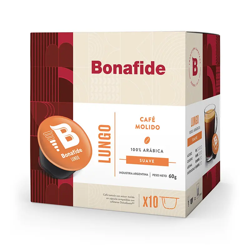 Cápsulas de Café Bonafide Lungo compatibles con Dolce Gusto, 10 unidades de 6g.
