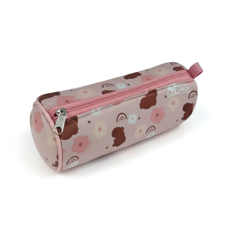 Cartuchera de tela  neopren de 1 cierre Capibara tipo tubo fondo Rosa