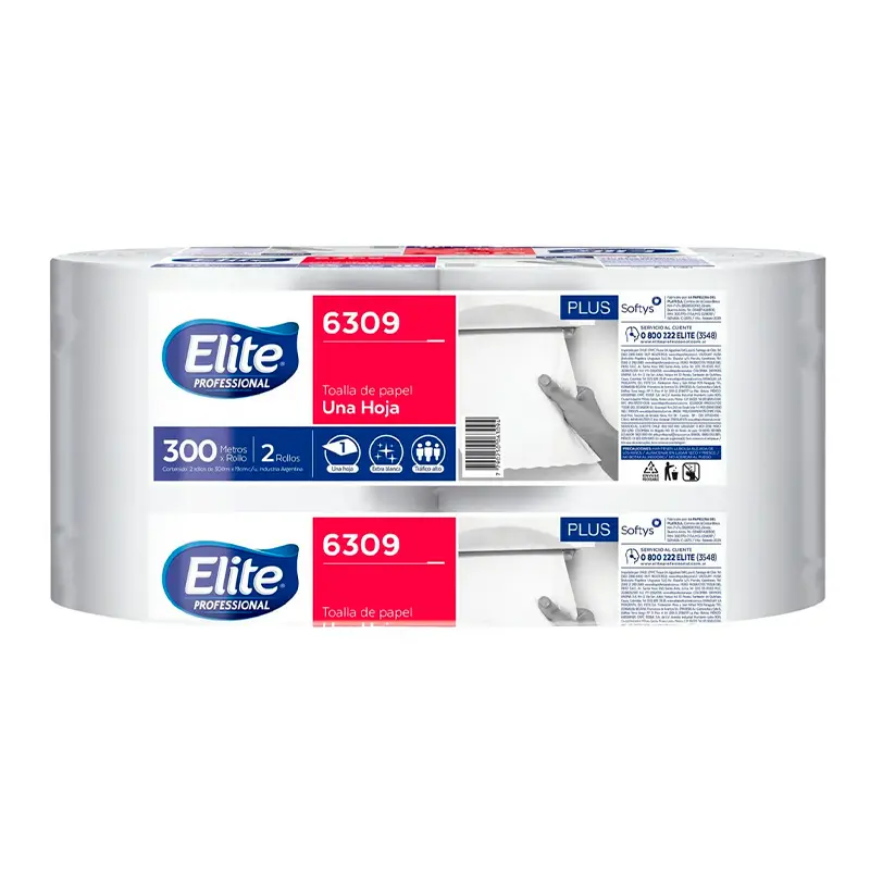Toalla de papel Elite Jumbo 6309, hoja simple, pack de 2 rollos de 300mts.