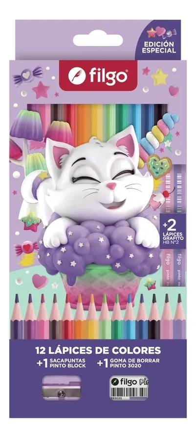 Lápices de colores Filgo Gatitos x 12L + 2 grafito + goma y sacapunta