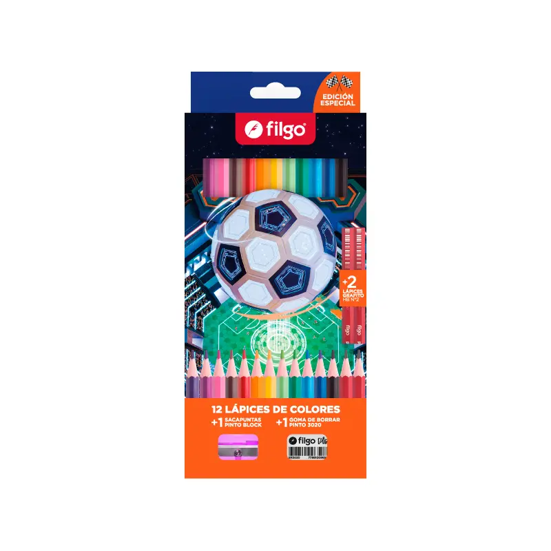 Lápices de colores Filgo Futbol x 12L + 2 grafito + goma y sacapunta(D)